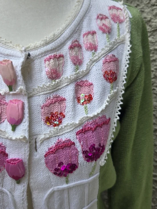 Storybook Knits Green and White Floral Appliqué Women’s Sweater Cardigan Tulips - Picture 3 of 10